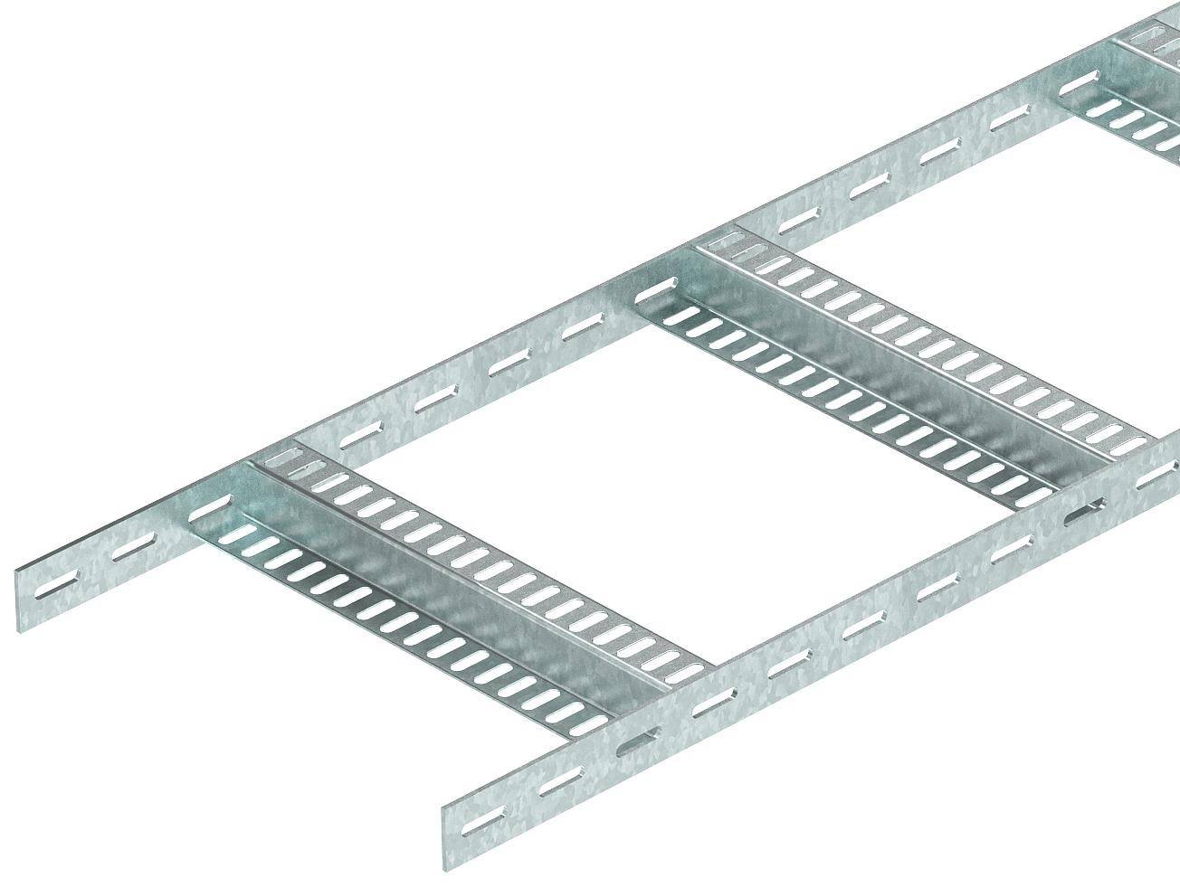 Metalen kabelgeleidsysteem met zijdelingse sleuven, geschikt voor kabelorganisatie in industriële omgevingen.