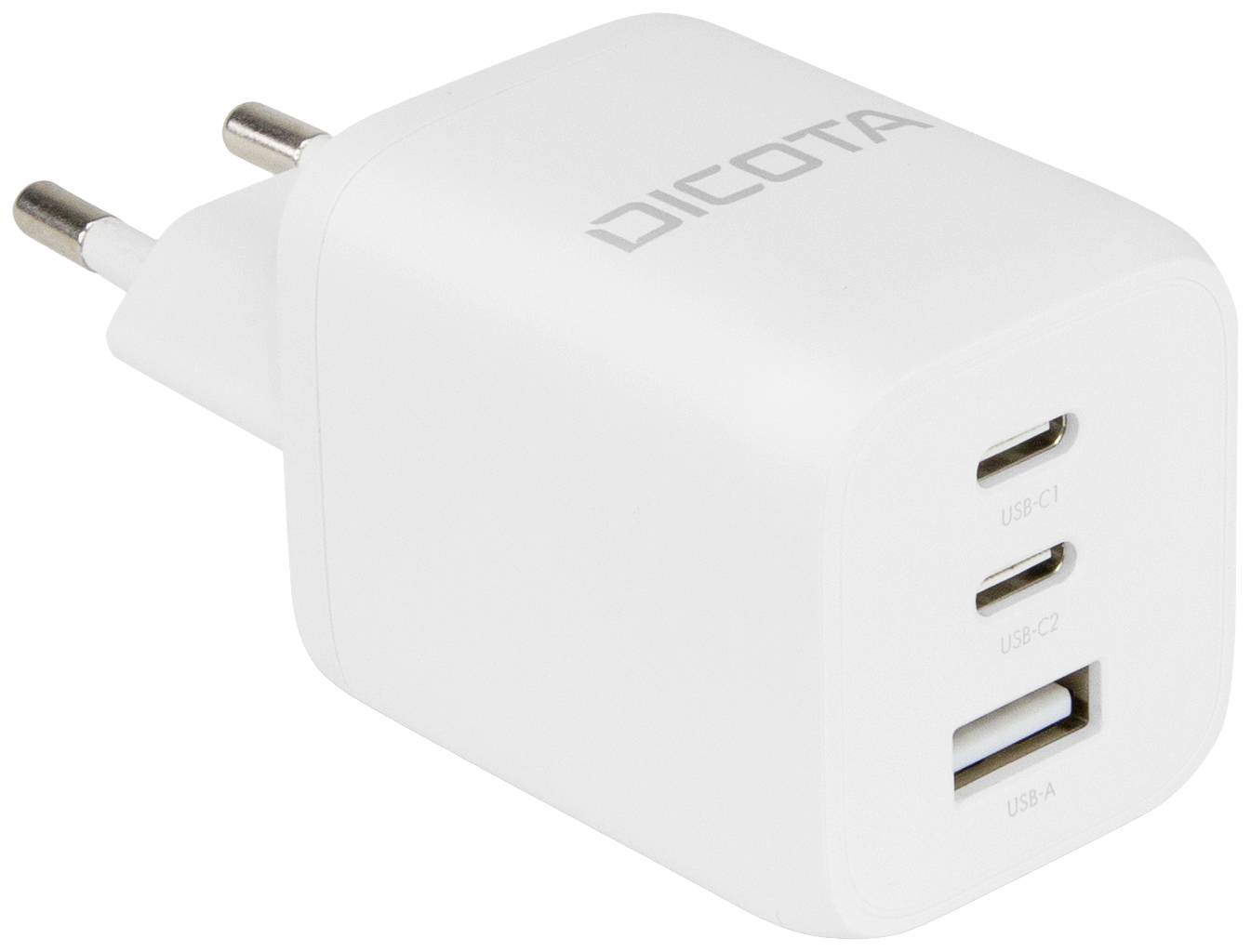 Wit oplader met drie USB-poorten: twee USB-C en een USB-A. Merknaam 'DICOTA' zichtbaar aan de bovenkant.