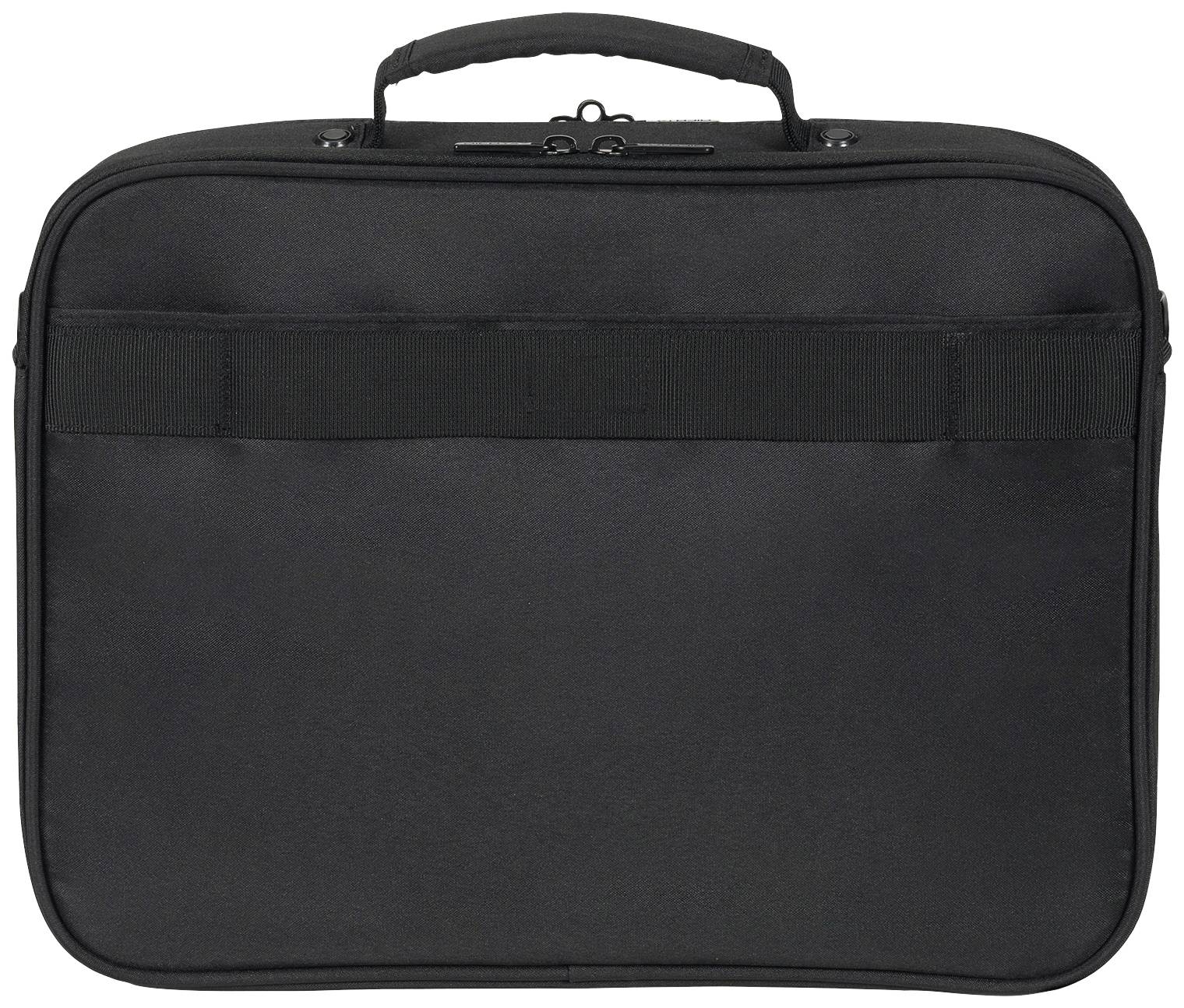 Zwarte draagtas met handvat en rits, geschikt voor laptops of documenten.