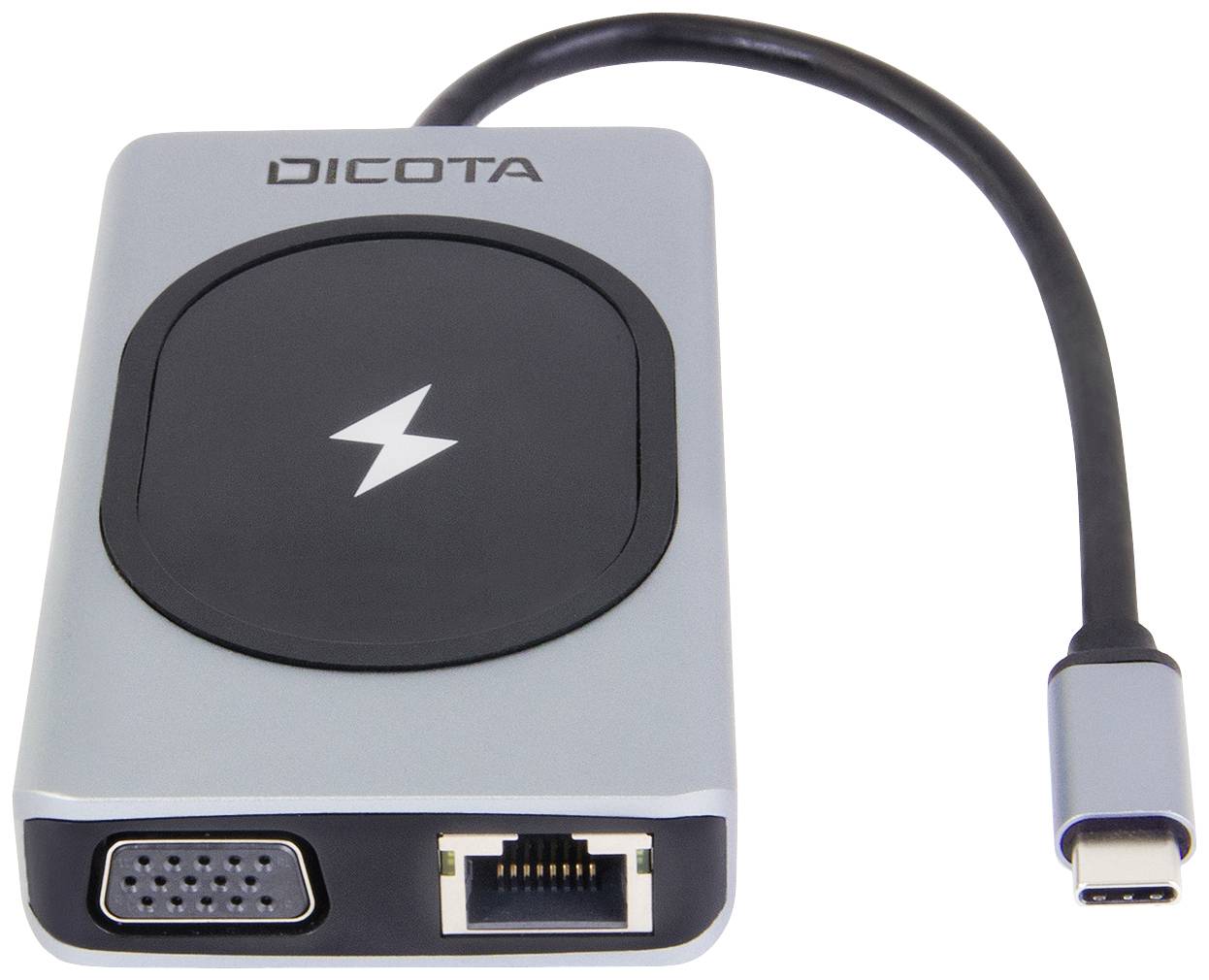 Een adapter met VGA- en Ethernet-aansluitingen, verbonden met een USB-C-kabel; merk 'DICOTA'. Ideaal voor connectiviteit.