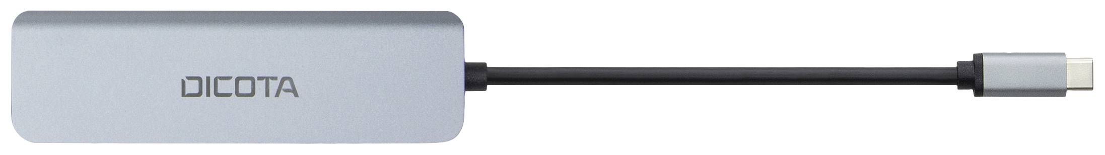 Een zilveren, rechthoekige USB-C-hub van Dicota met een zwart kabel.