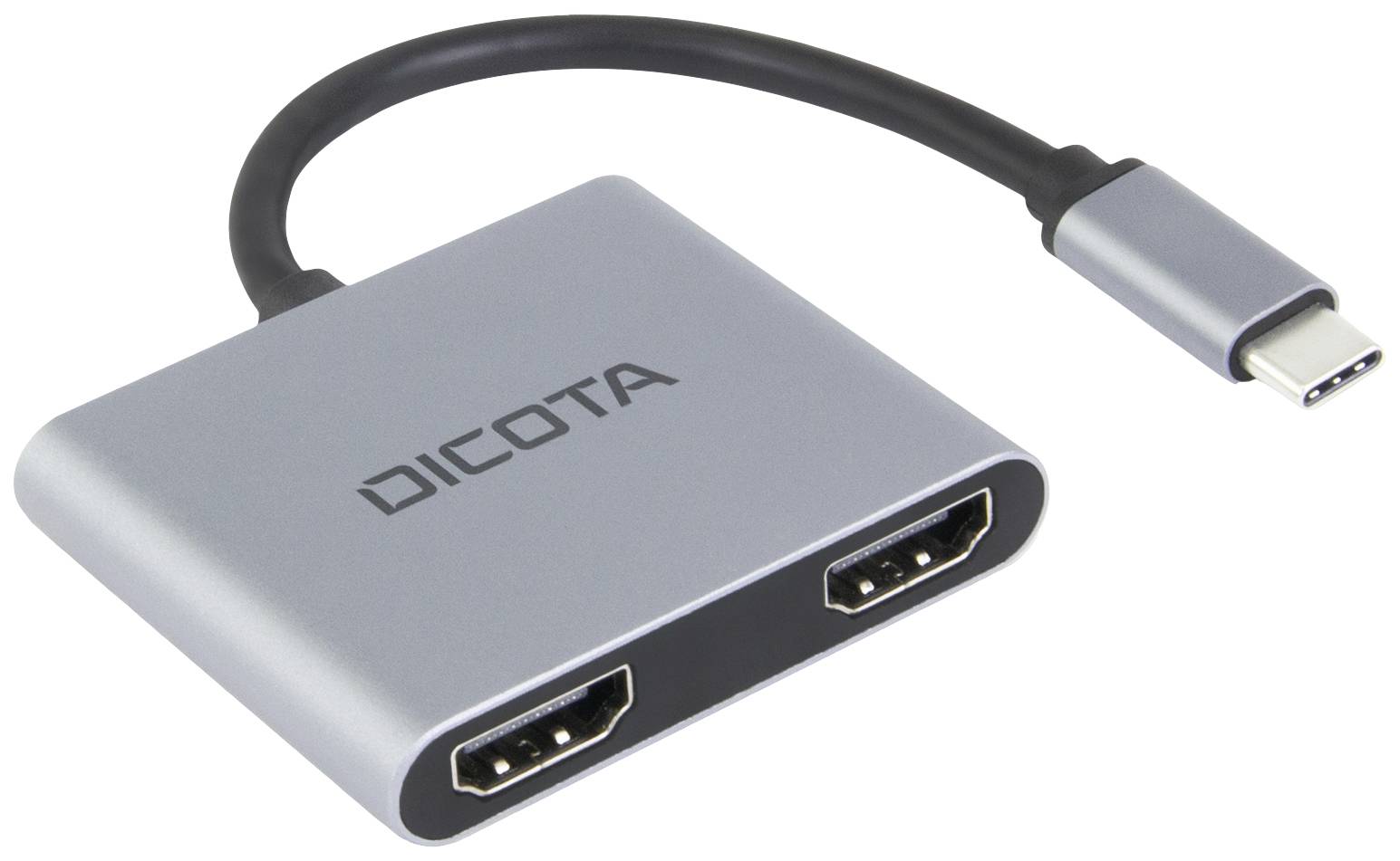 Adapter met USB-C-stekker en twee HDMI-poorten. Behuizing van zilverkleurig materiaal, draadloze constructie. Merknaam 'DICOTA' op het oppervlak.