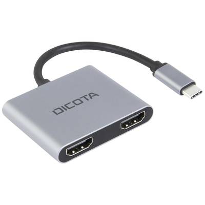 Adapter met USB-C-stekker en twee HDMI-poorten. Behuizing van zilverkleurig materiaal, draadloze constructie. Merknaam 'DICOTA' op het oppervlak.