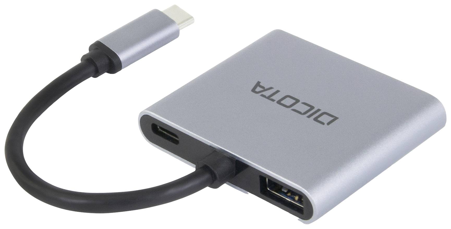 Een zilveren USB-C-adapter met een USB-A- en een USB-C-aansluiting.