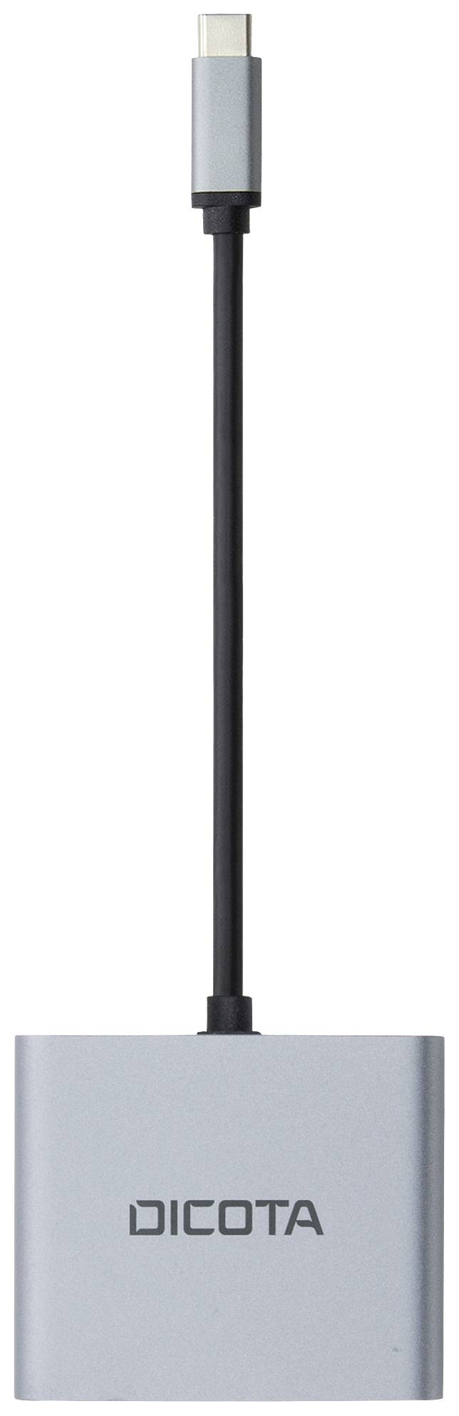 Een zilveren adapter met een USB-C-aansluiting bovenaan en een rechthoekige behuizing onderaan, voorzien van het opschrift 'DICOTA'.