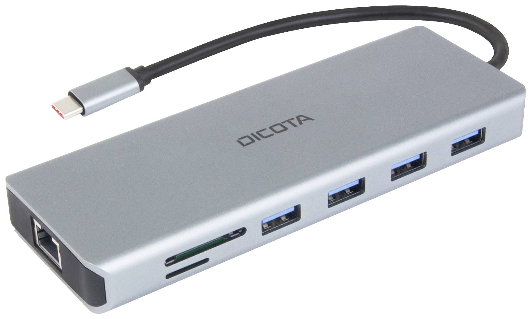 Een zilveren USB-C-hub met vijf USB-poorten, een Ethernet-poort en een SD-kaartslot, geschikt voor veelzijdige connectiviteit.