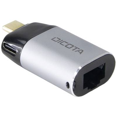 USB-C-naar-Ethernet-adapter in zilver met zwart uiteinde. 'DICOTA' markering aan de zijkant. Beschikbare converterpoorten zijn USB-C en Ethernet.