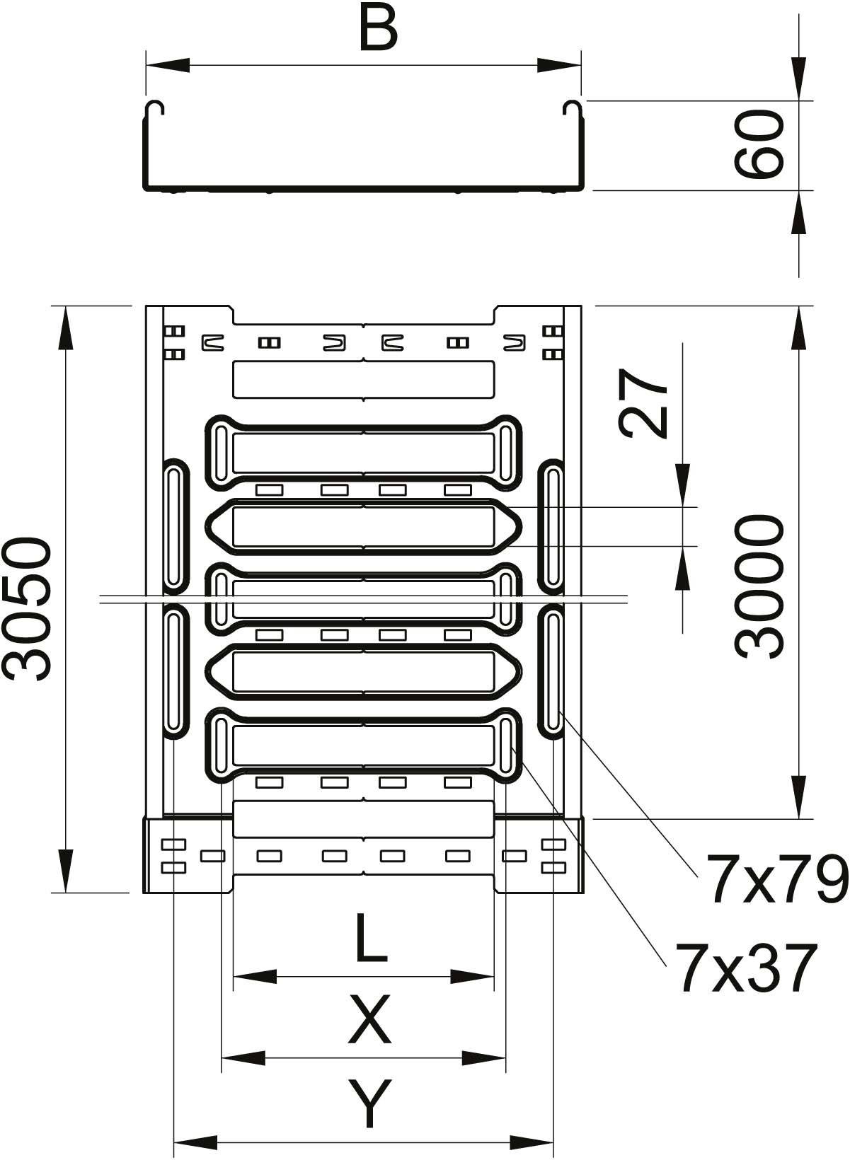Technische tekening van een metaalprofiel met afmetingen: Breedte 'B', Hoogte '3050 mm', '3000 mm', Detail '60', '27', '7x79', '7x37'.