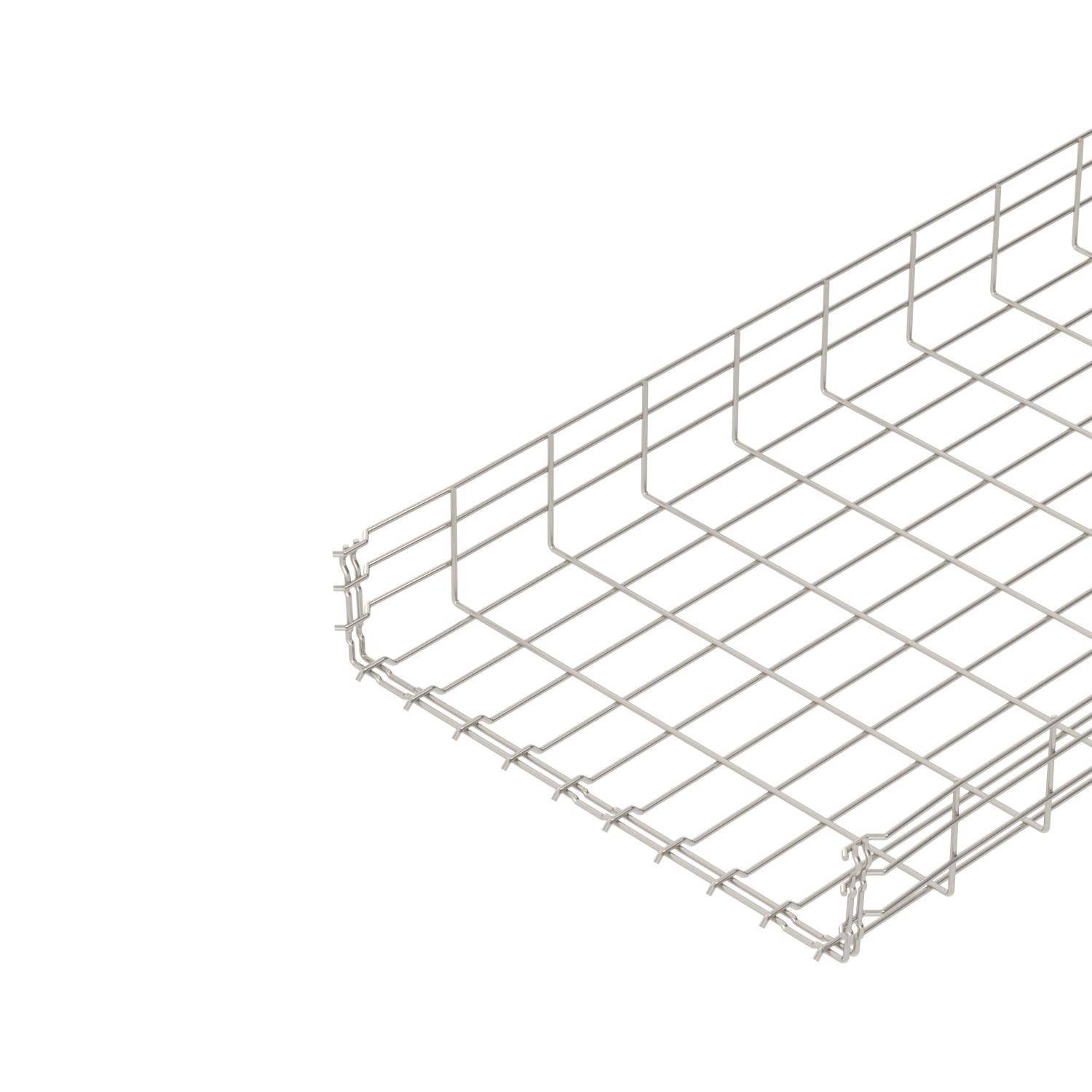 Een lege, rechthoekige metalen draadmand met een roosterstructuur, gefotografeerd vanuit een diagonaal perspectief.