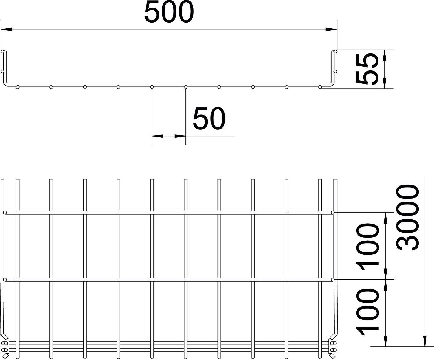 Technische tekening van een leuning met afmetingen: breedte 500 mm, hoogte 55 mm, afstand tussen staven 100 mm, lengte van de leuning 3000 mm.