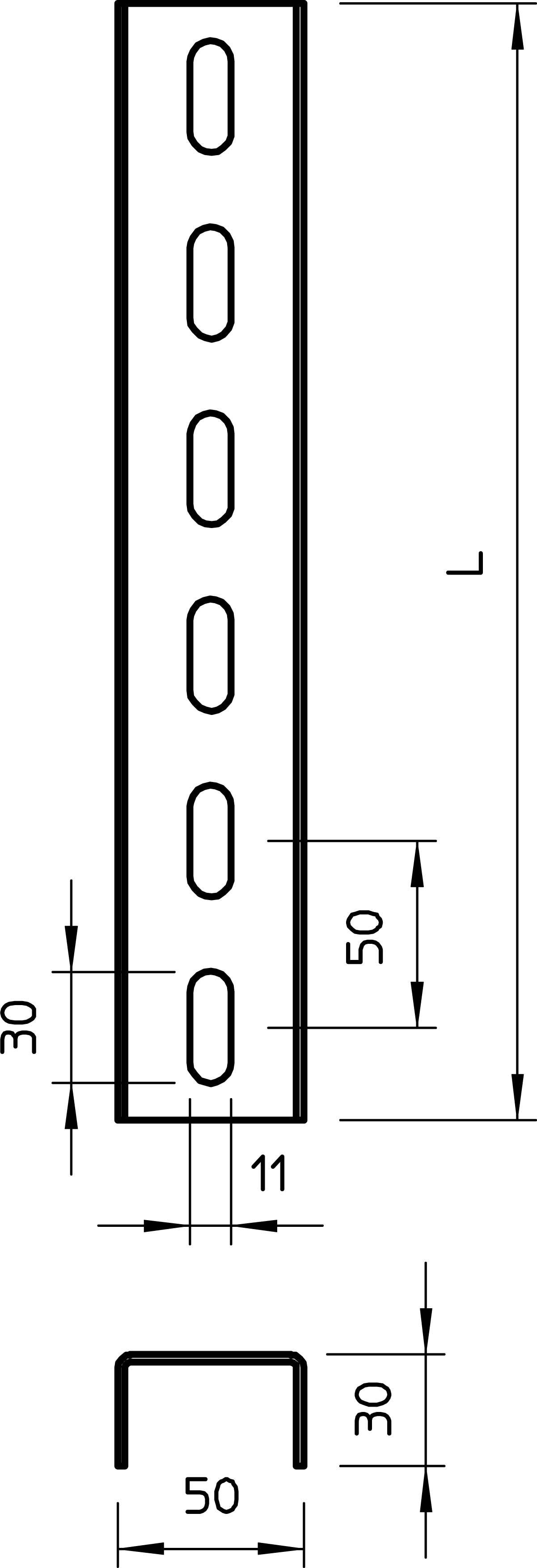 Technische tekening van een metalen profiel met sleuven en afmetingen: lengte L, breedte 50 mm, hoogte 30 mm, afstand tussen de sleuven 50 mm.