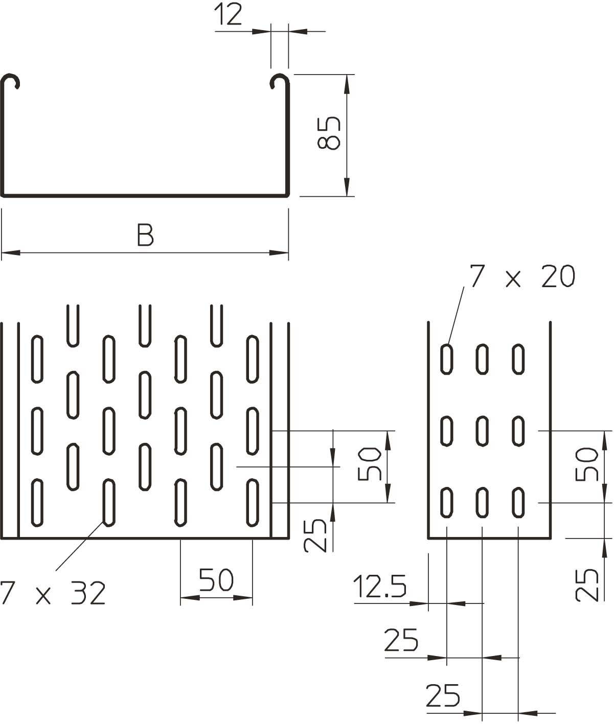 Technische tekening van een metalen profiel met gatpatronen. Afmetingen: hoogte 85 mm, breedte B, talrijke hart-op-hart afstanden en gatgroottes zijn aangegeven.