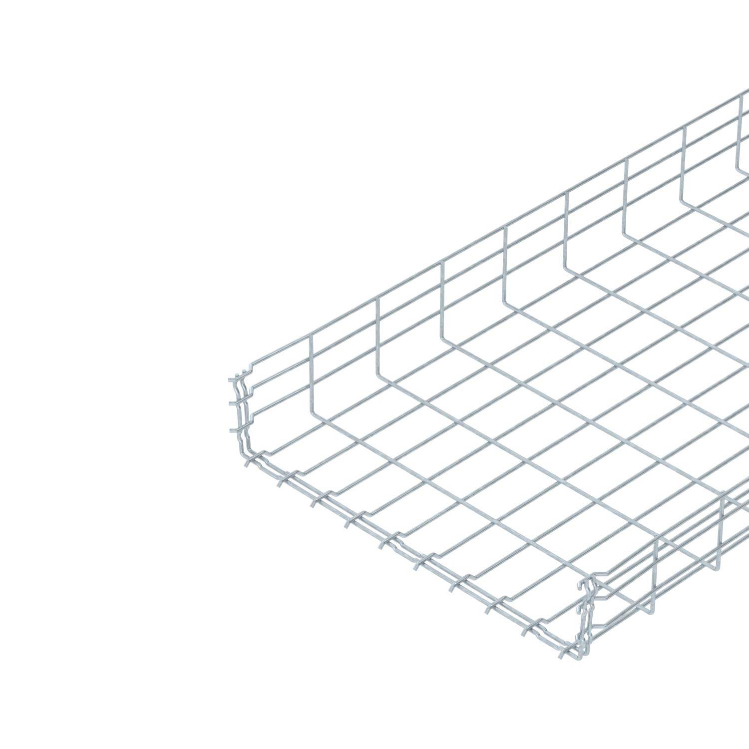 Een rechthoekige metalen draadmand die horizontaal op een wit oppervlak ligt. De mand heeft een roosterachtige structuur.
