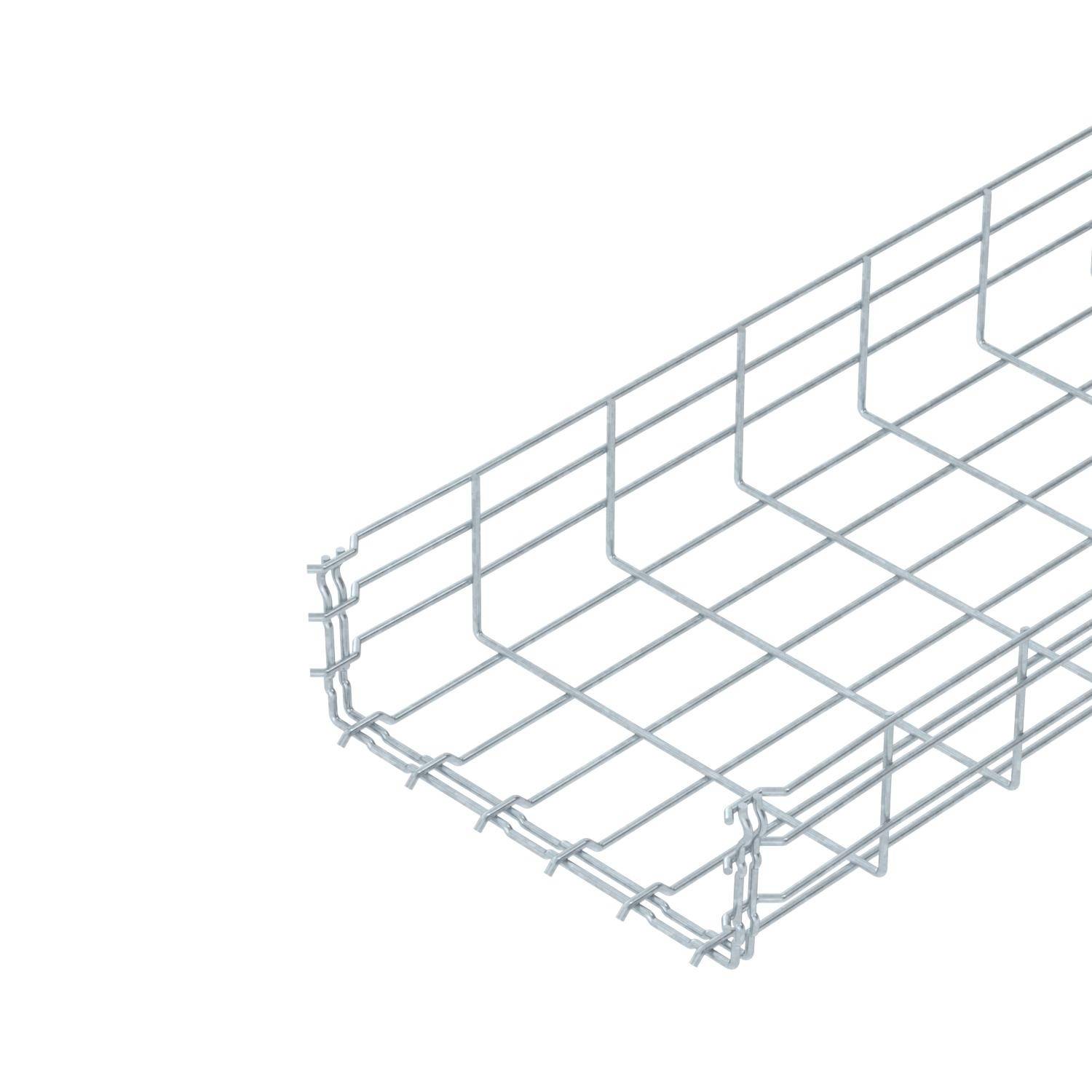 Een witte draadkabelgoot met rechthoekig rasterontwerp, bedoeld voor kabelondersteuning bij installaties of bouwprojecten.