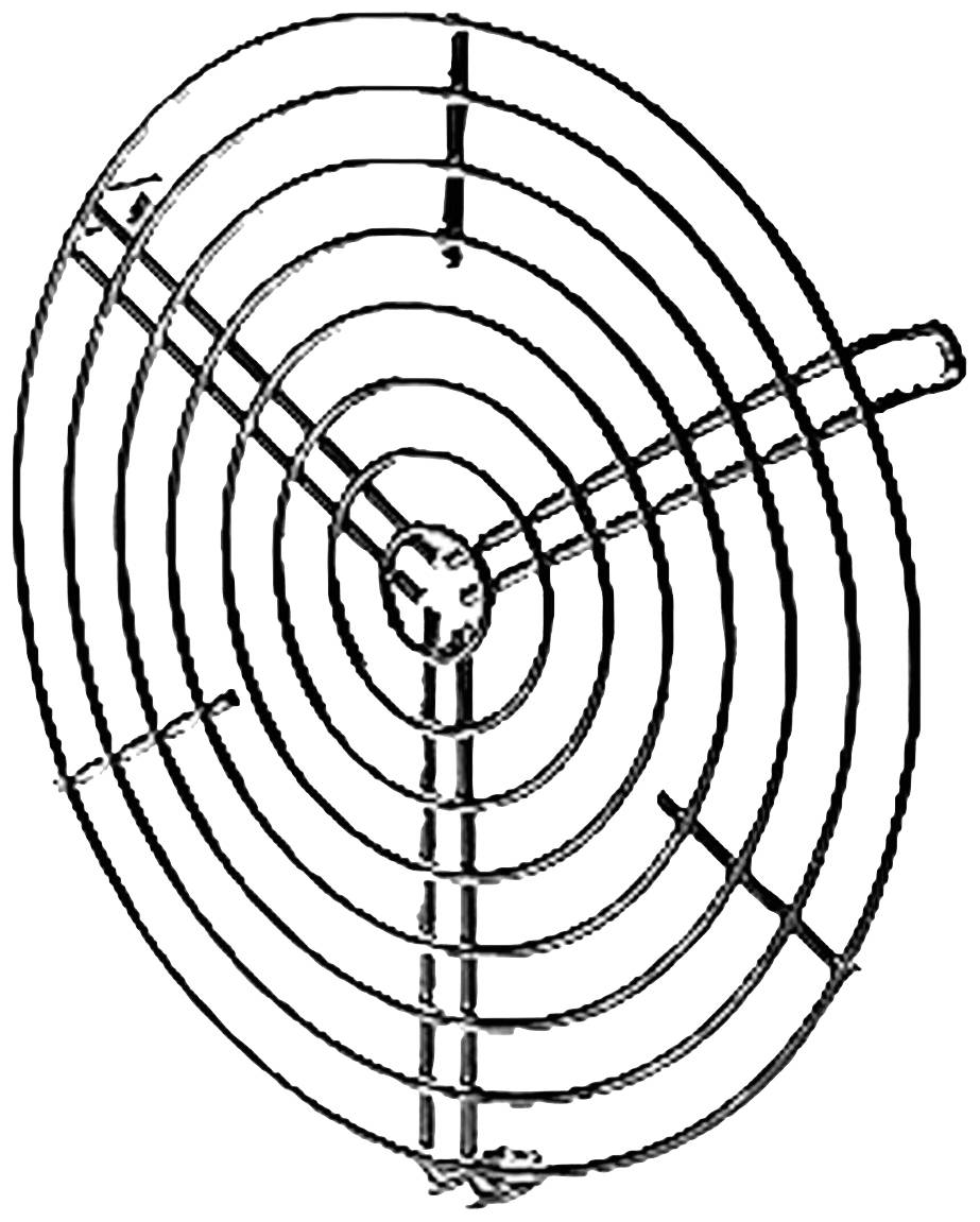 Zwart-witte technische tekening van een cirkelvormig draadrooster met concentrische cirkels en radiale staven.