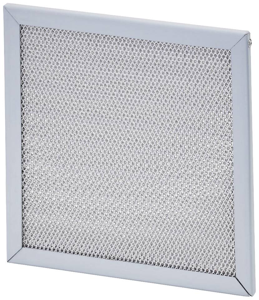 Een zilveren metalen filter met een rechthoekig frame, meestal gebruikt in ventilatie- of afvoersystemen.