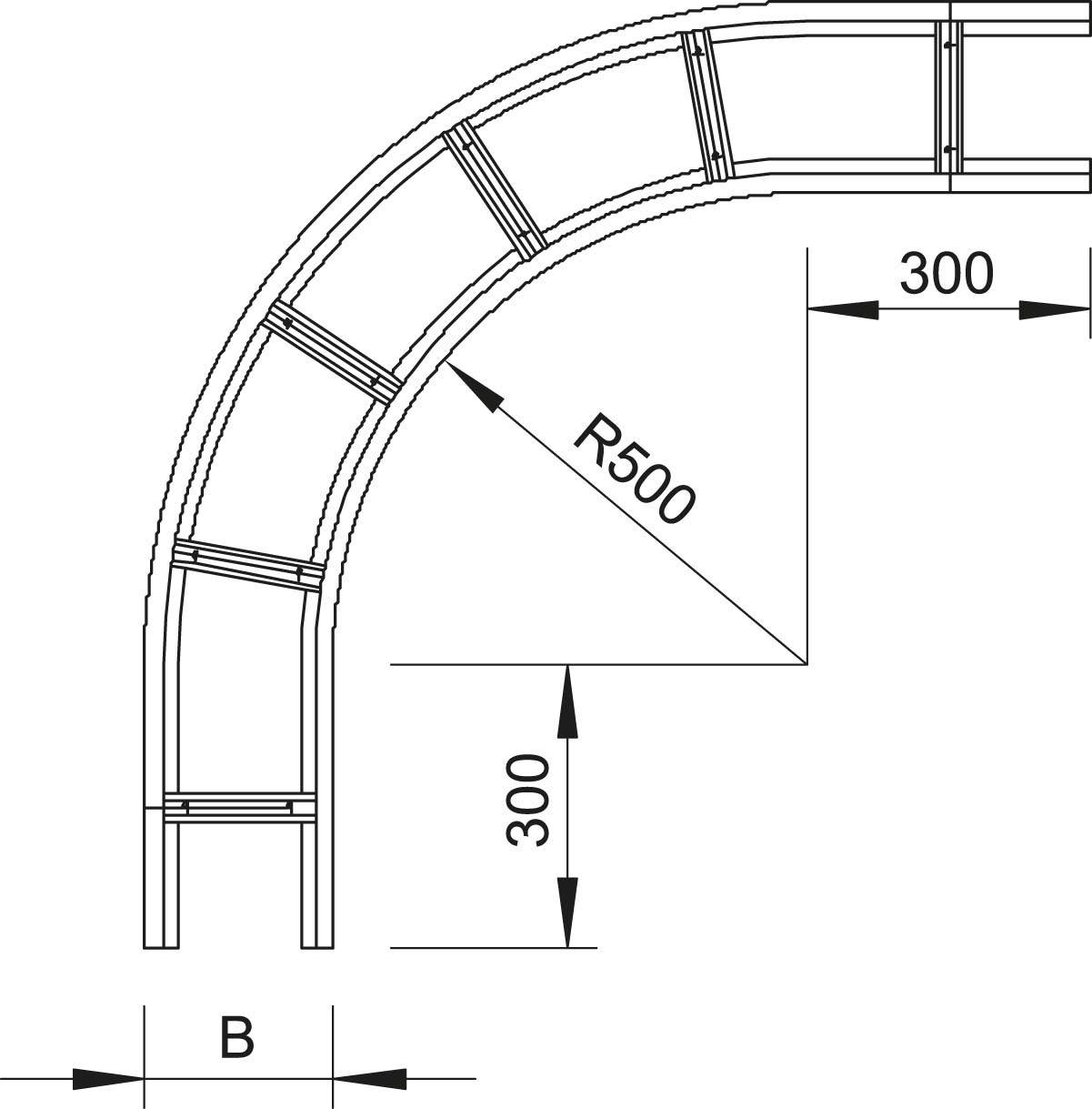 Constructietekening van een gebogen schap met radiale afmetingen: Straal R500 mm, diepte 300 mm. Toont structuur en dimensionering.