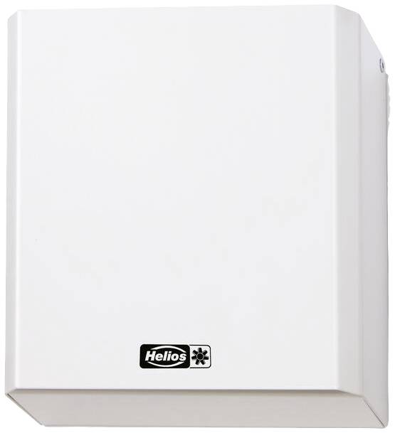 Een witte ventilatiebox met het Helios-logo onderaan.