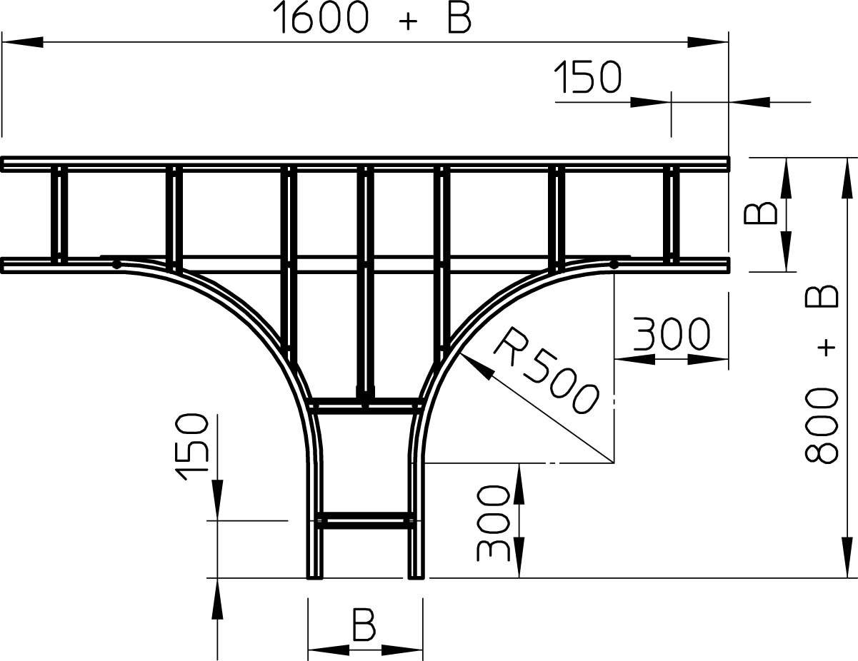 Technische tekening van een metalen ligger met buiging, toont afmetingen: 1600+B breedte, 150 hoogte, R500 radius, 800+B hoogte rechts.