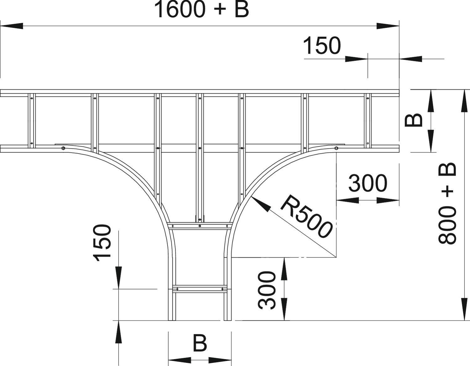 Technische tekening van een draagconstructie met afmetingen: Totale lengte 1600 + B, hoogte 800 + B, breedte 150, boogstraal 500, overige details gemarkeerd.