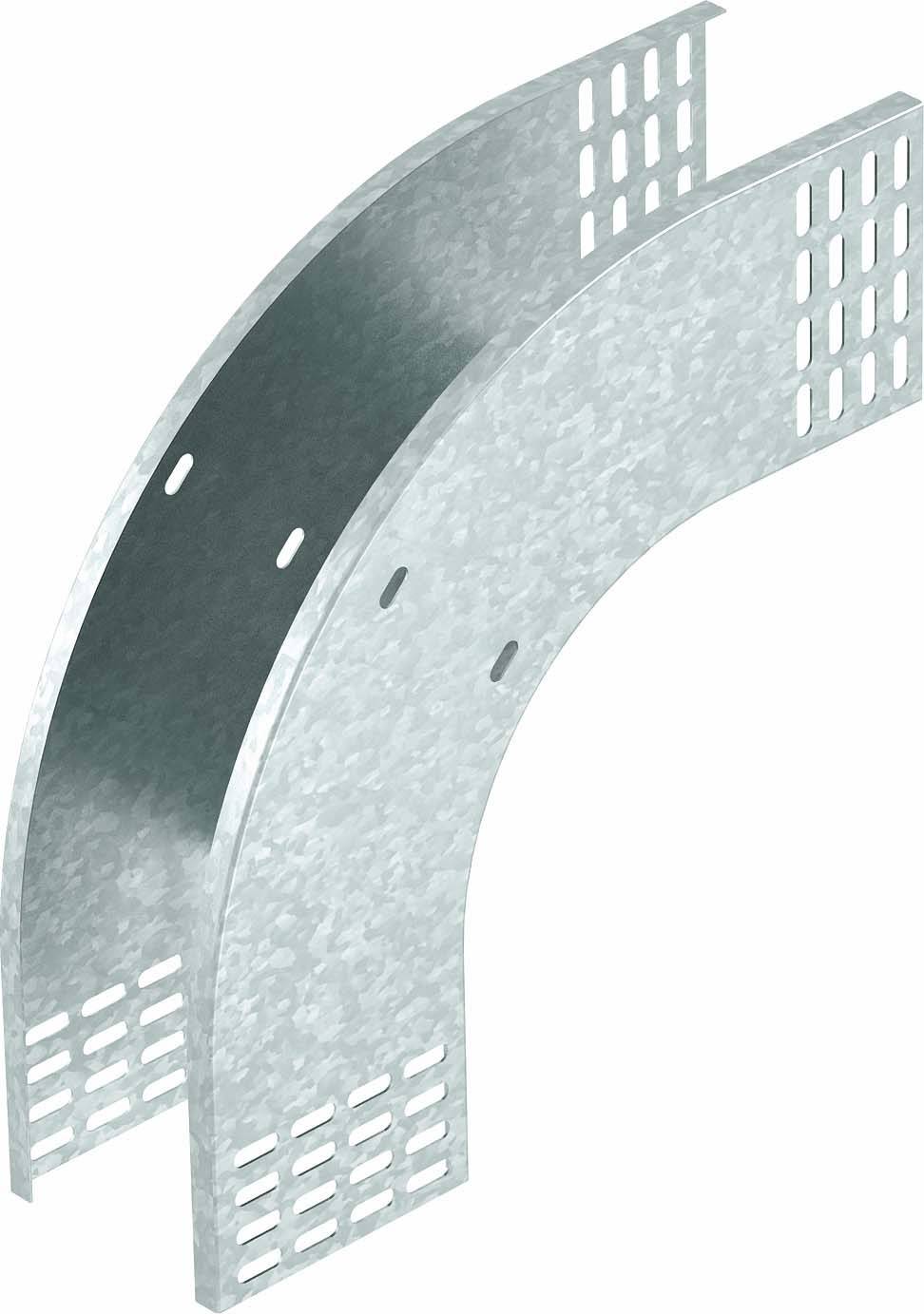 Metalen verbindingsbeslag in zilveren kleur, gebogen vorm met gaten en roosterstructuur aan de uiteinden, vermoedelijk bedoeld voor constructiedoeleinden.