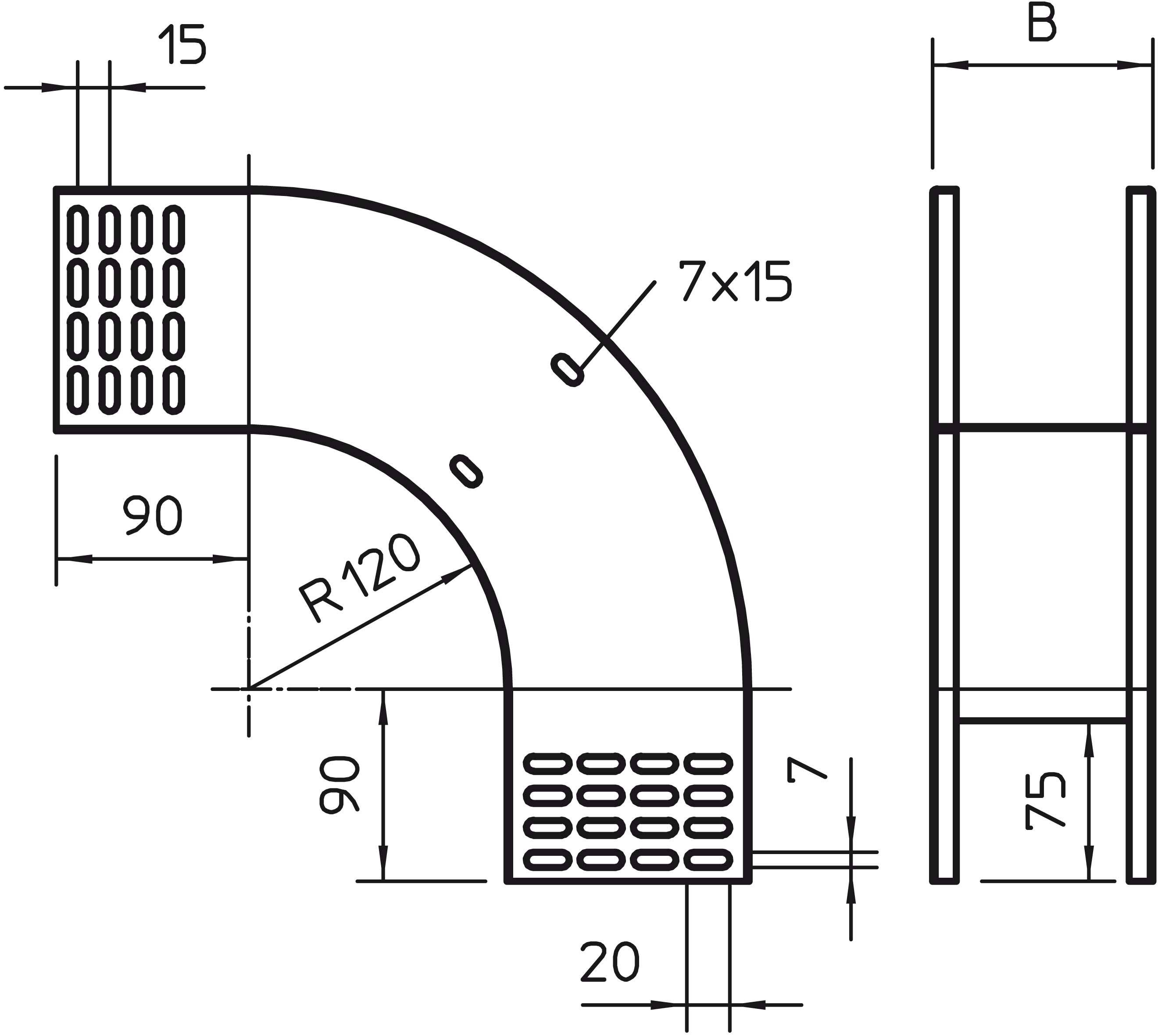 Technische tekening van een gebogen metalen onderdeel met gatpatronen. Afmetingen: Buigstraal R120, 90x90 mm boogvormige secties, 7 mm hoogte, 7x15 gatenindeling.