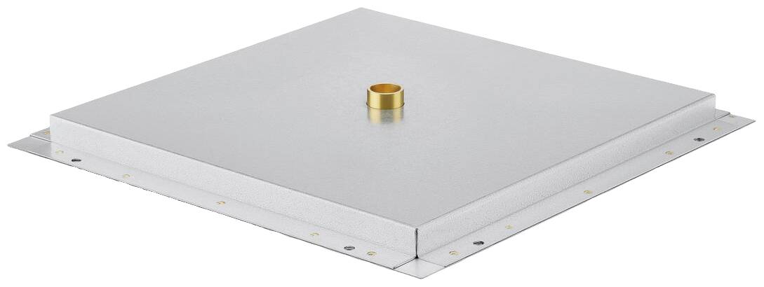 Een vierkant, grijs, plat ventilatiedeel met een centraal, gouden aansluitbuisje.