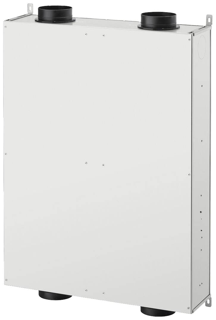 Een rechthoekige, witte ventilatie-eenheid met vier ronde aansluitingen, twee boven en twee onder, voor gebruik in ventilatiesystemen.