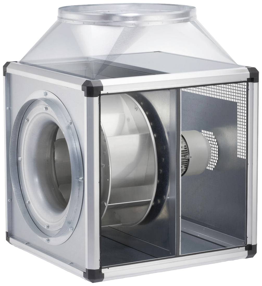 Metalen ventilator met transparante behuizingskap, toont een ingebouwde, cilindrische motorventilator en ventilatierooster.