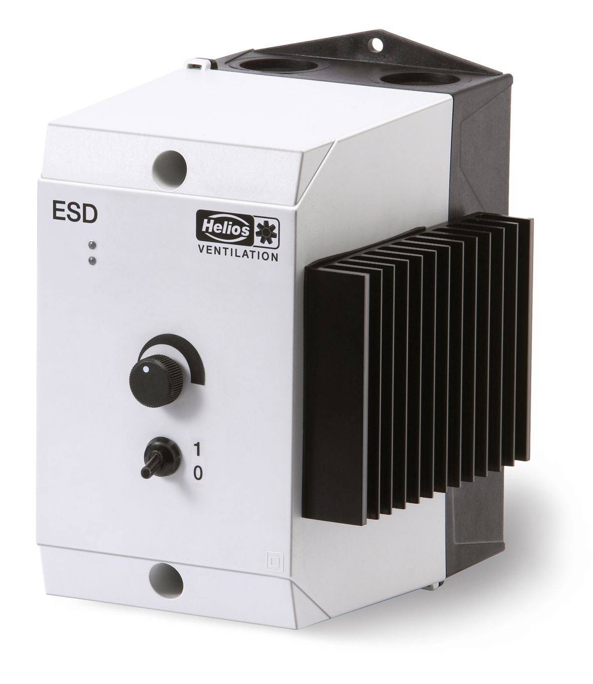Een witte elektrische toerentalregelaar met zwarte koelvin, merkinscriptie 'Helios Ventilation', model 'ESD'.