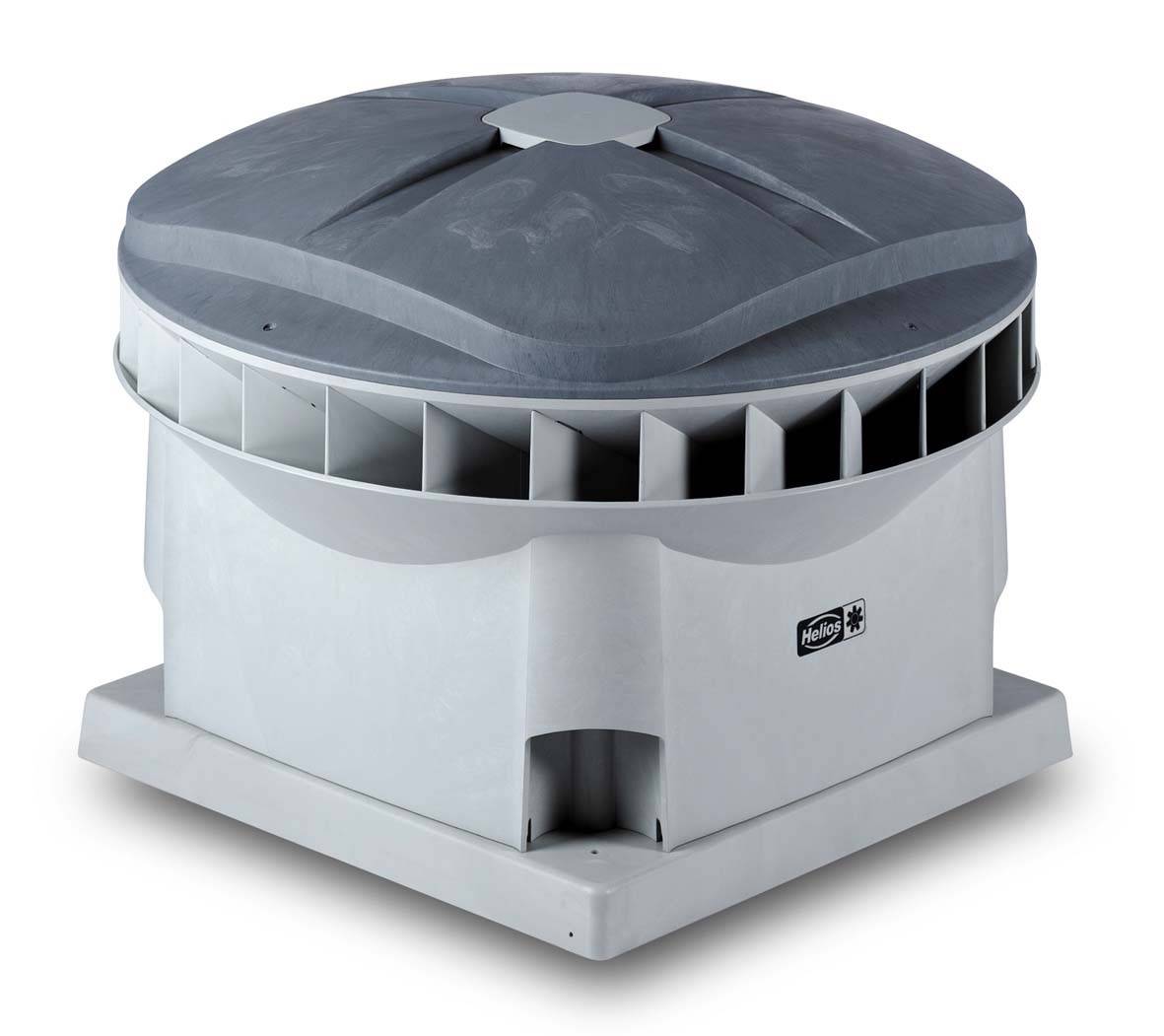 Ventilatietoestel met een rond, grijs deksel en zijdelingse ventilatiesleuven op een sokkel, geschikt voor dakinstallaties.