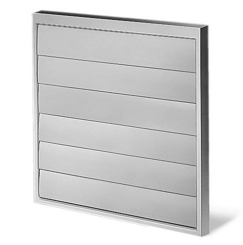 Vierkante metalen ventilatierooster met horizontale lamellen in een modern design. Geschikt voor wandmontage of plafondmontage.