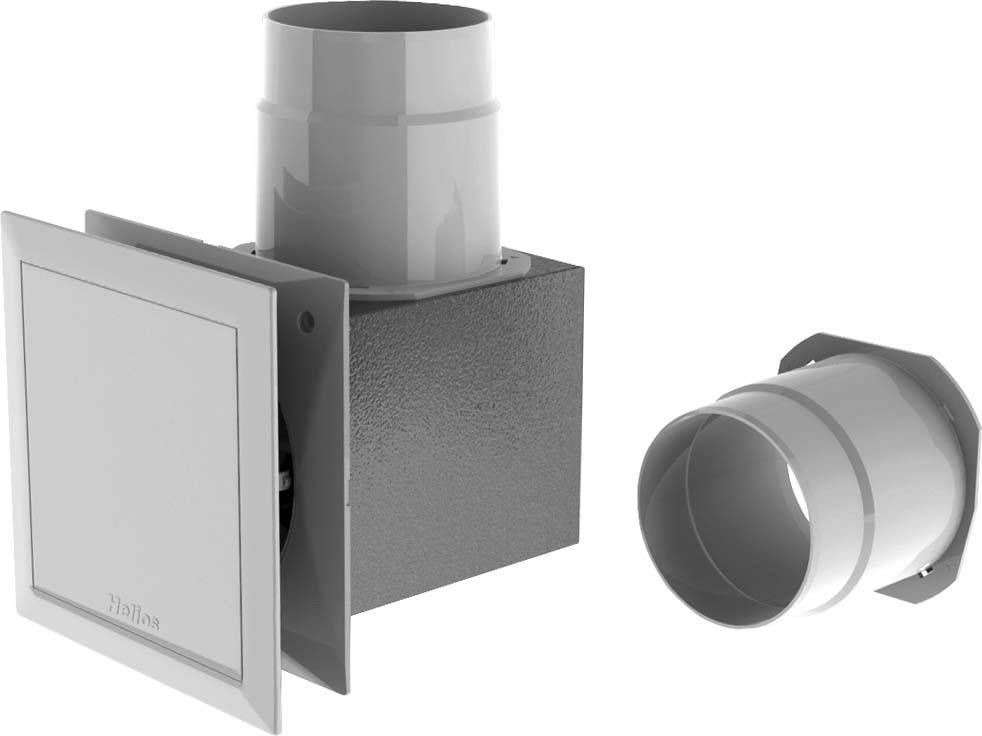 'Inbouwelement voor ventilatiesysteem met buisaansluiting en afdekplaat, geschikt voor wand- of plafondmontage, aanzicht van beide onderdelen.'