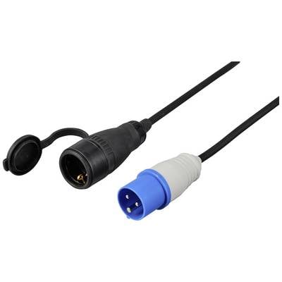 Zwart kabel met blauwe en zwarte stekker. Kunststof afdekkingen en elektrische aansluitingen zichtbaar.