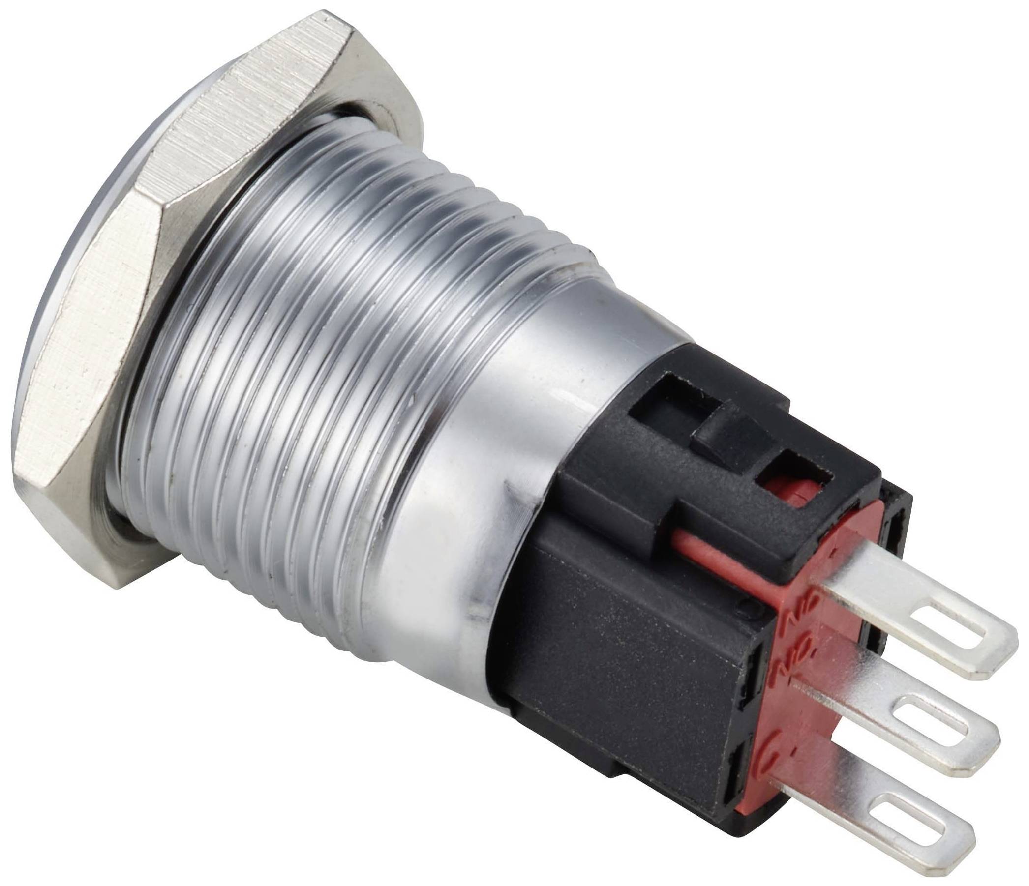 Een zilveren, cilindrische drukknop met een rode schakelaar en drie metalen contactpunten.