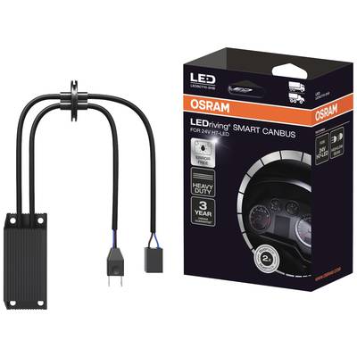 Een LED-voertuigaccessoire van Osram met verpakking. Op de verpakking staat: 'LEDdriving SMART CANBUS', 'foutvrij', 'robuust', '3 jaar garantie'.