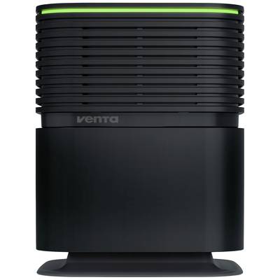 Zwarte luchtreiniger van Venta met groene lichtstreep bovenaan, modern design, voor een witte achtergrond.