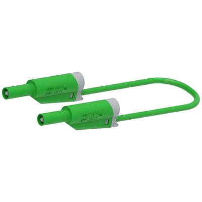 Twee groene kunststof onderdelen die via een flexibel kabel met elkaar zijn verbonden. Ze zien er functioneel uit, mogelijk voor technische toepassingen.