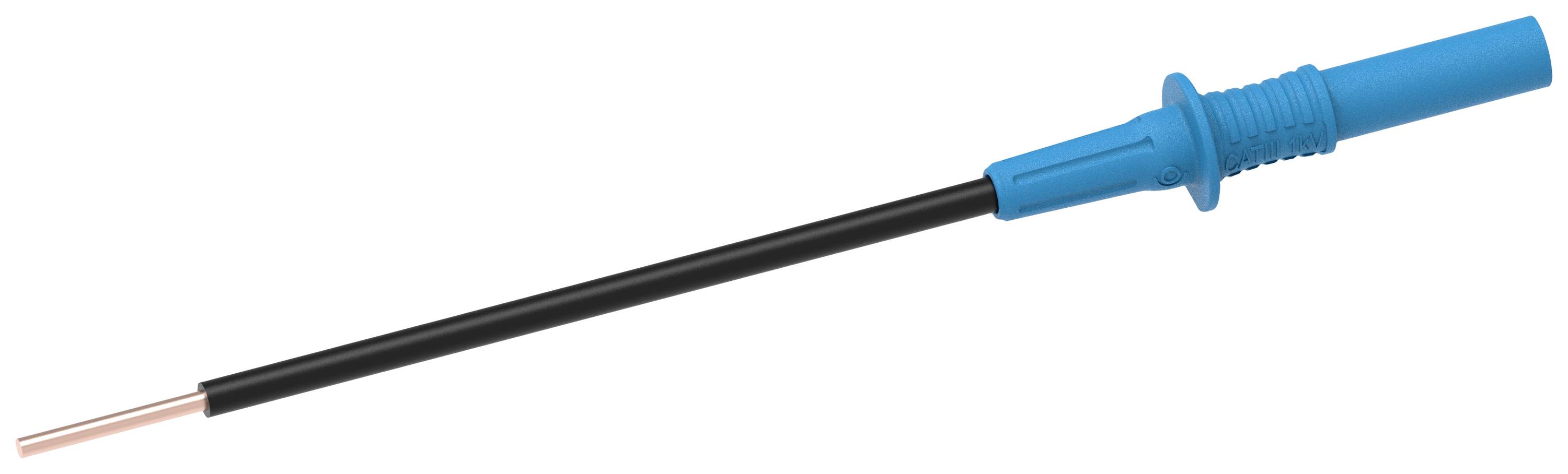 Een blauwe meetadapter met metalen punt voor elektrische metingen.