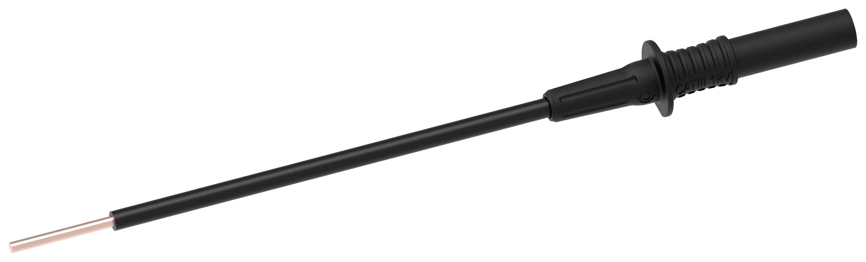 Zwarte meetpen met een lange, rechte handgreep en een onbedekte metalen punt aan het einde, gebruikelijk voor elektronische metingen.