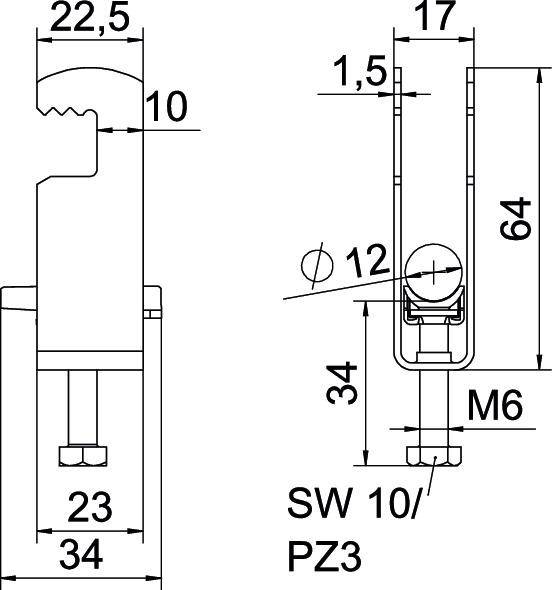 'Technische tekening van een onderdeel met afmetingen. Linksboven 22,5 mm, onder 23 mm, totale breedte 34 mm. Schroef met schroefdraad M6.'