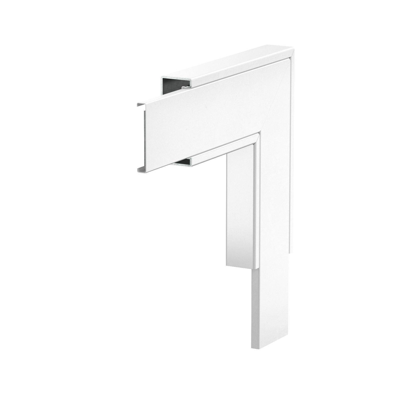 Een witte, rechthoekige hoekverbinder van metaal die twee verticaal ten opzichte van elkaar staande metalen profielen verbindt.