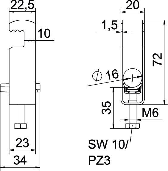 Technische tekening: Twee aanzichten van een metalen klem met afmetingen in millimeters. Toont schroefpositionering en profielaanzicht.