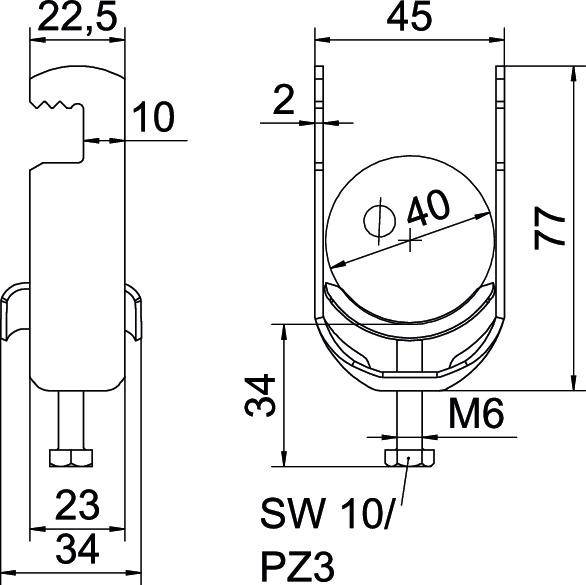 Technische tekening van een beslag met afmetingen: 77 mm hoog, 45 mm breed. Bevat details zoals M6 schroefdraad en SW 10/PZ3.