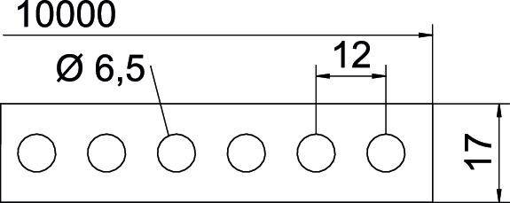 Technische tekening van een rechthoekig metalen stuk met zes gaten, diameter 6,5, onderlinge afstand 12, totale afmetingen 10.000 x 17.