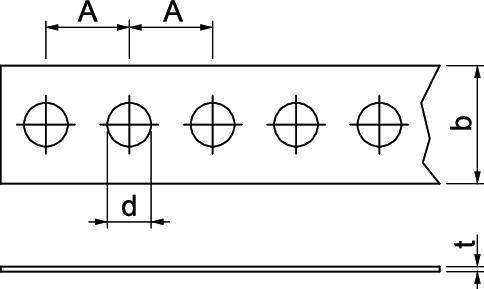Technische tekening van een metalen strip met vijf boorgaten. Afmetingen: afstand A, diameter d, breedte b, dikte t.