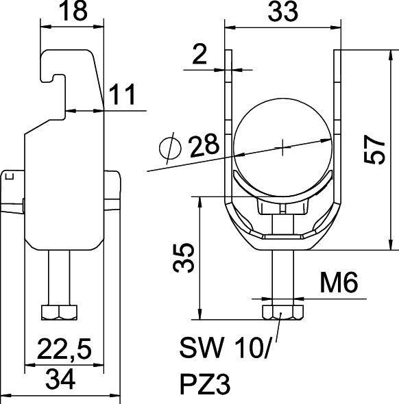 Technische tekening van een schroefbevestiging. Afmetingen: 18, 33, 22,5, 34, 35, 57. Schroefdraad M6. Gemarkeerd 'SW 10/PZ3'.