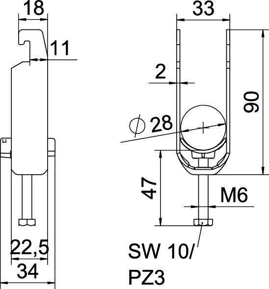 Technische tekening van een houder met afmetingen: Hoogte 90 mm, breedte 33 mm, schroef M6. Zijdelingse details en boring van 28 mm aangegeven.