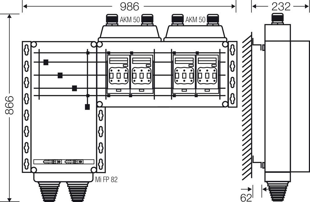Diagram van een elektrische schakelkast met gedetailleerde afmetingen in millimeters. Toont aansluitbussen en schakelaarconfiguraties.