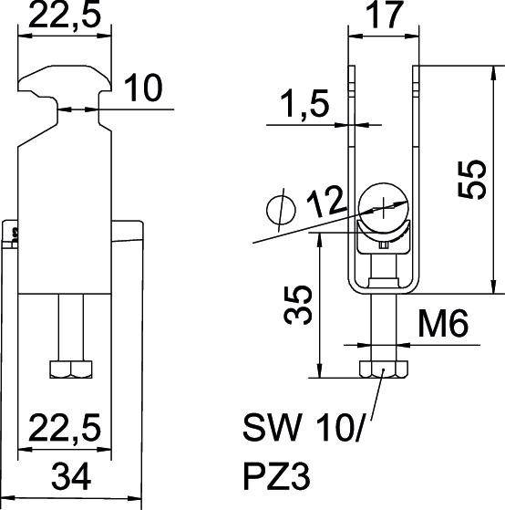Technische tekening van een onderdeel met afmetingen: Hoogte 55 mm, breedte 22,5 mm, schroefafstand 34 mm. Sleutelwijdte SW 10/PZ3.